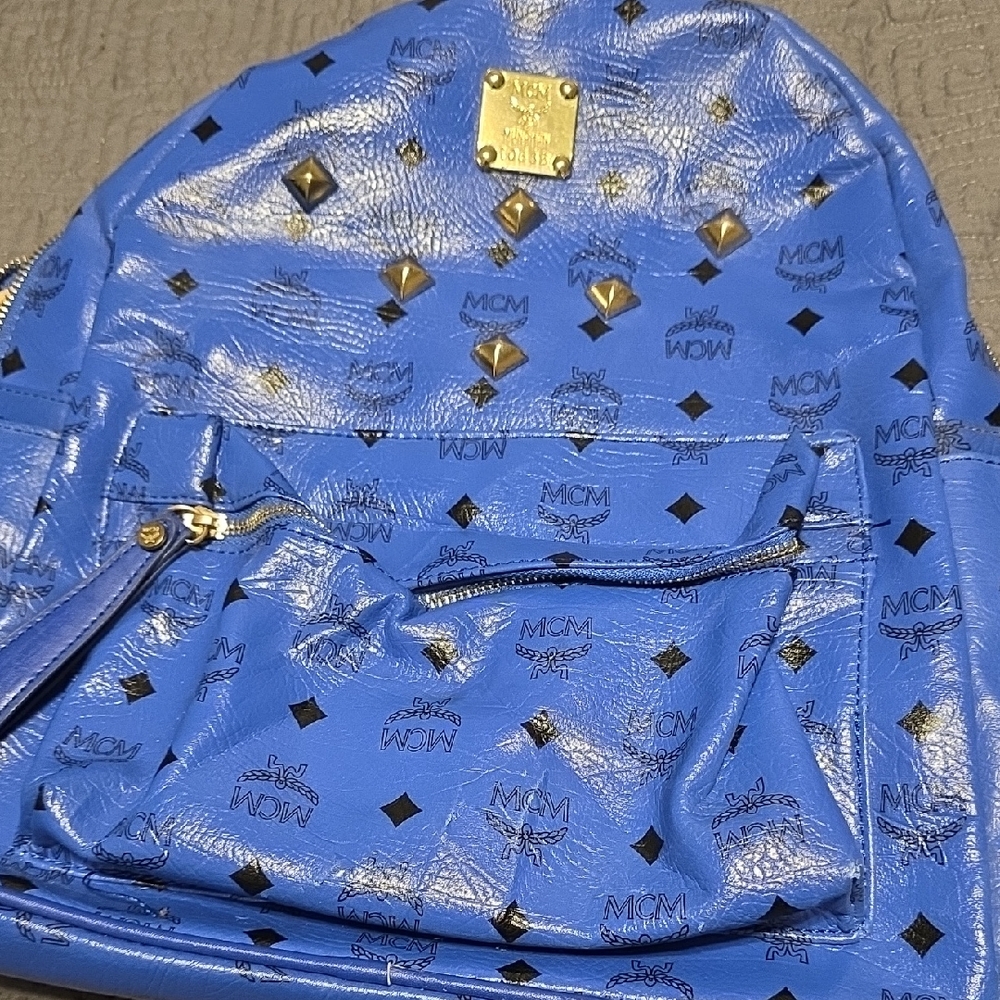 MCM Royal Blue Backpack with Gold Studs